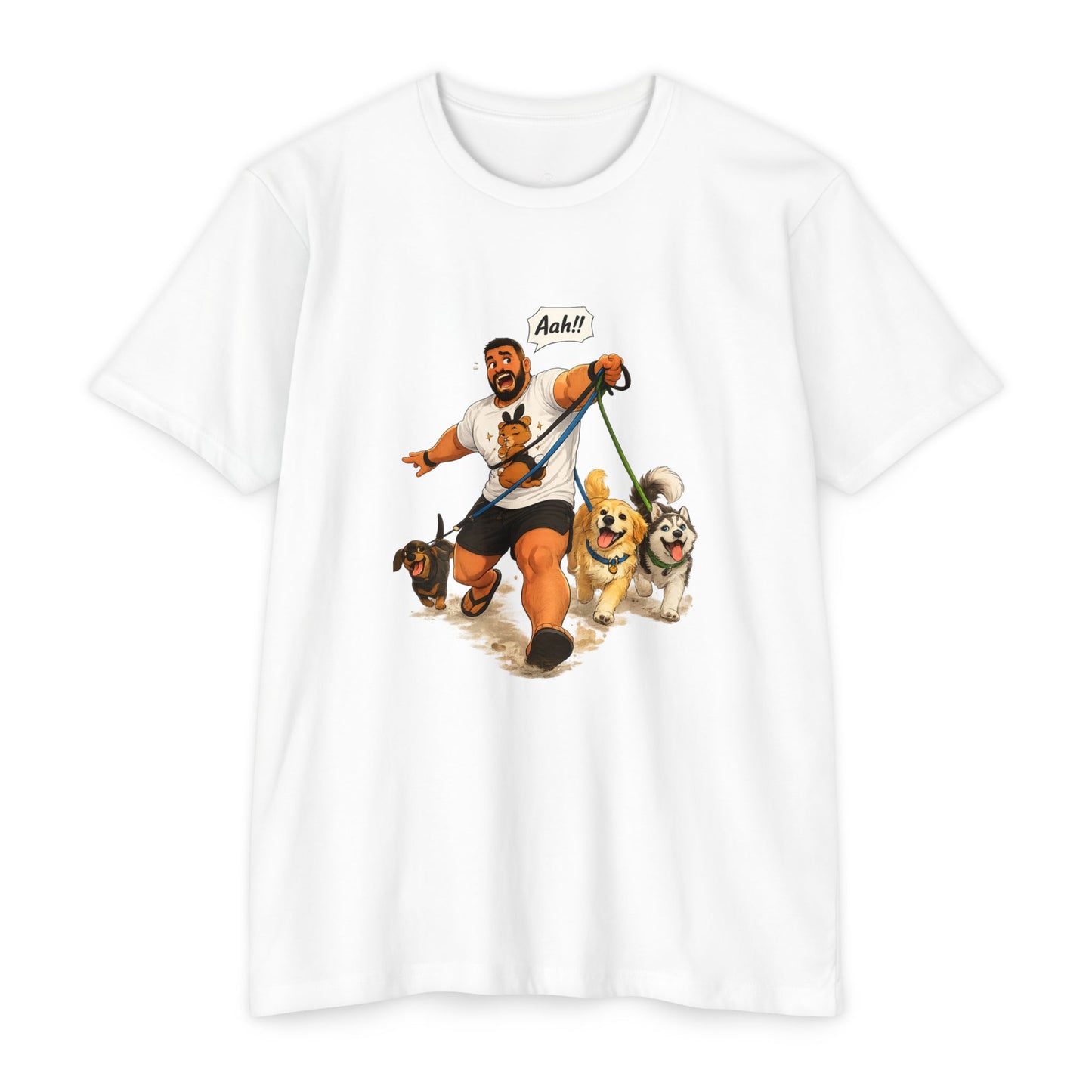 Funny Dog Walking T-Shirt — Cartoon 'Aah!' Man Pulled by Dogs Tee