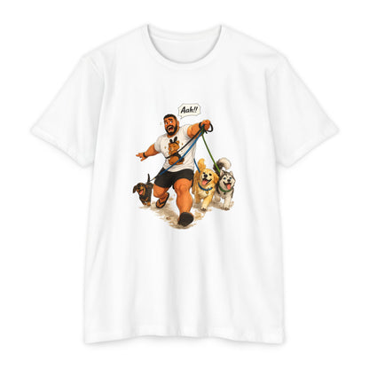 Funny Dog Walking T-Shirt — Cartoon 'Aah!' Man Pulled by Dogs Tee