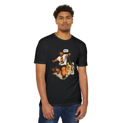 Funny Dog Walking T-Shirt — Cartoon 'Aah!' Man Pulled by Dogs Tee