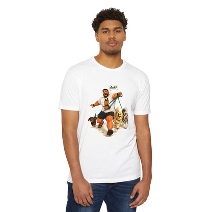 Funny Dog Walking T-Shirt — Cartoon 'Aah!' Man Pulled by Dogs Tee