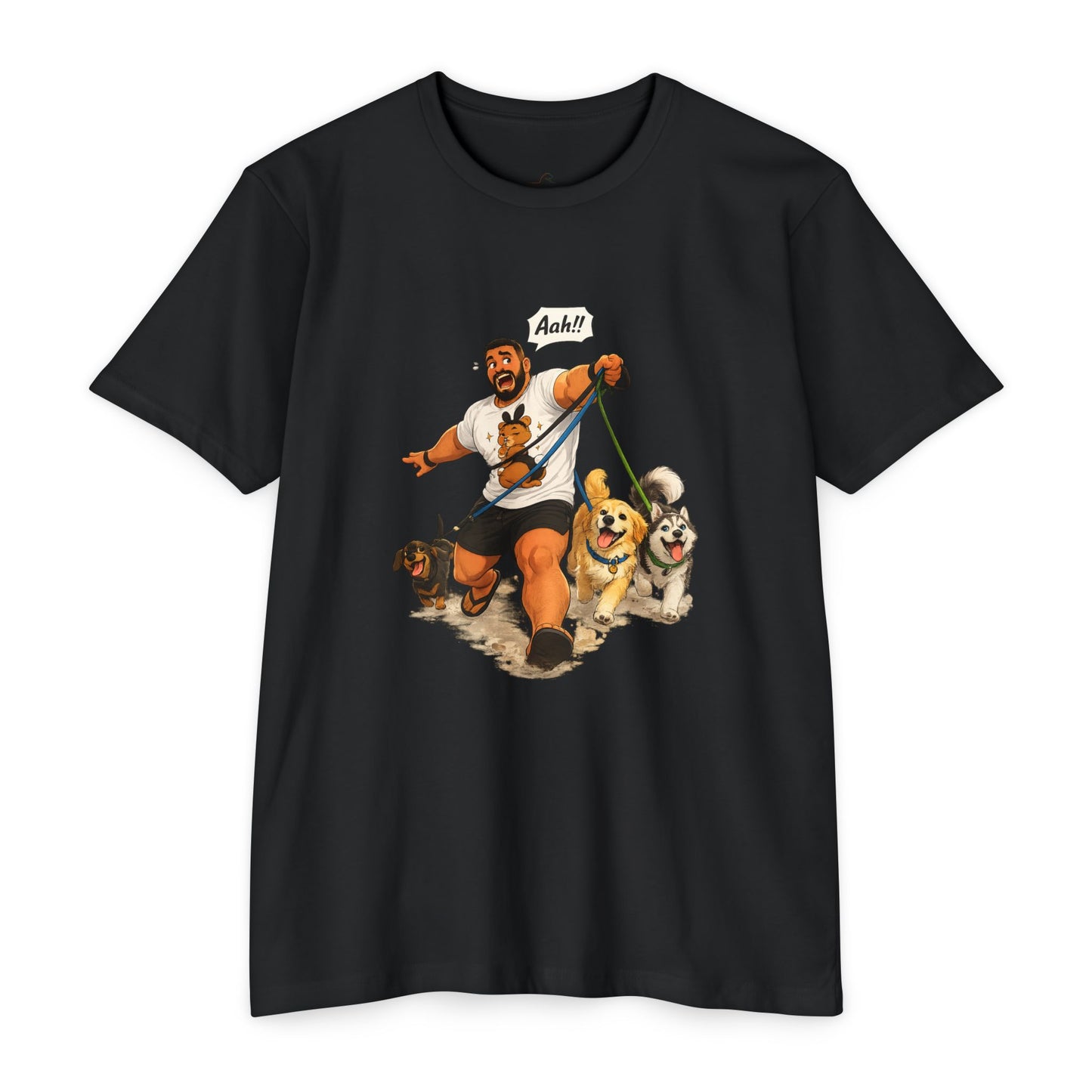 Funny Dog Walking T-Shirt — Cartoon 'Aah!' Man Pulled by Dogs Tee