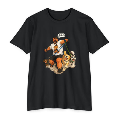 Funny Dog Walking T-Shirt — Cartoon 'Aah!' Man Pulled by Dogs Tee